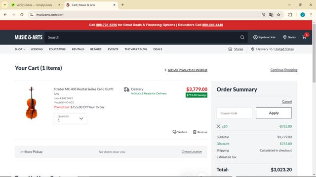 Woodwind & Brasswind checkout page showing Woodwind & Brasswind promo code box | Screenshot taken by SimplyCodes community member on Nov 5, 2024