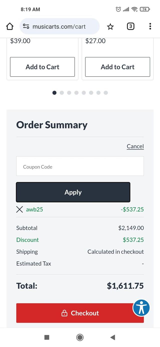 Woodwind & Brasswind checkout page showing Woodwind & Brasswind promo code box | Screenshot taken by SimplyCodes community member on Nov 16, 2024