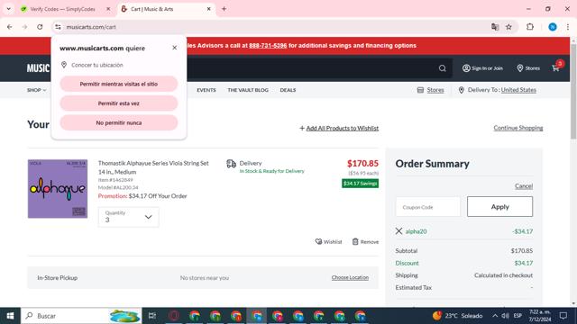 Woodwind & Brasswind checkout page showing Woodwind & Brasswind promo code box | Screenshot taken by SimplyCodes community member on Dec 7, 2024