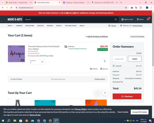 Woodwind & Brasswind checkout page showing Woodwind & Brasswind promo code box | Screenshot taken by SimplyCodes community member on Dec 7, 2024