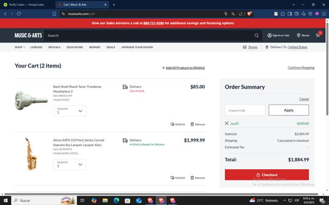 Woodwind & Brasswind checkout page showing Woodwind & Brasswind promo code box | Screenshot taken by SimplyCodes community member on Apr 3, 2025