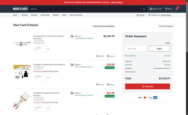 Woodwind & Brasswind checkout page showing Woodwind & Brasswind promo code box | Screenshot taken by SimplyCodes community member on Aug 28, 2025