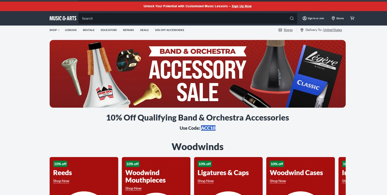 Woodwind & Brasswind promo code screenshot showing code ACC10 applied at Woodwind & Brasswind checkout page. Uploaded by SimplyCodes community member Dejadepicharme on Jun 15, 2026