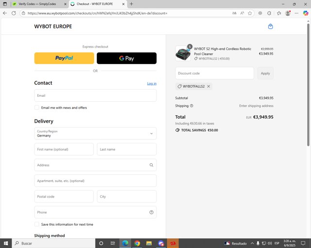 WYBOT checkout page showing WYBOT coupon code box | Screenshot taken by SimplyCodes community member on Sep 6, 2025