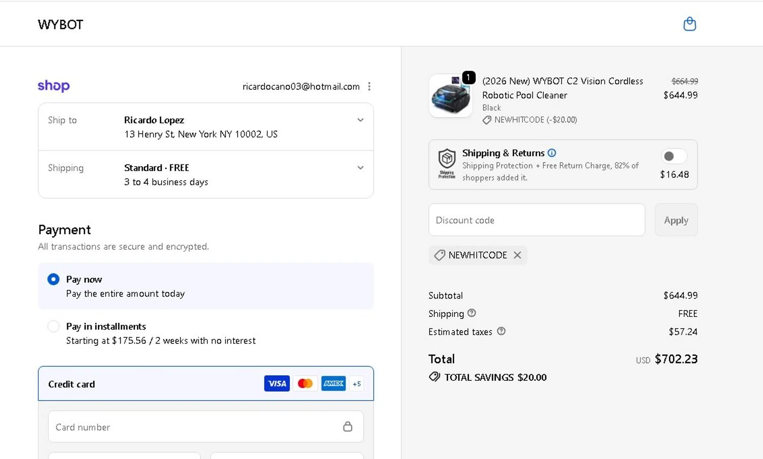 WYBOT promo code screenshot showing code NEWHITCODE applied at WYBOT checkout page. Uploaded by SimplyCodes community member LAMINEJAMAL on Jun 18, 2026