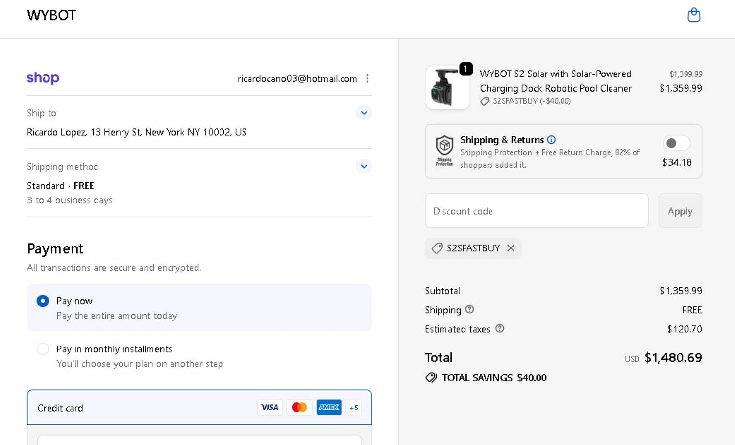 WYBOT promo code screenshot showing code S2SFASTBUY applied at WYBOT checkout page. Uploaded by SimplyCodes community member LAMINEJAMAL on May 8, 2026