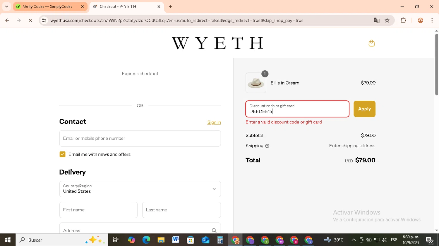 WYETH promo code screenshot showing code DEEDEE15 applied at WYETH checkout page. Uploaded by SimplyCodes community member RebateCollector5909 on Sep 10, 2025