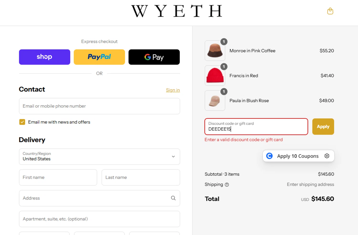 WYETH promo code screenshot showing code DEEDEE15 applied at WYETH checkout page. Uploaded by SimplyCodes community member SavvyCurator5307 on Sep 10, 2025
