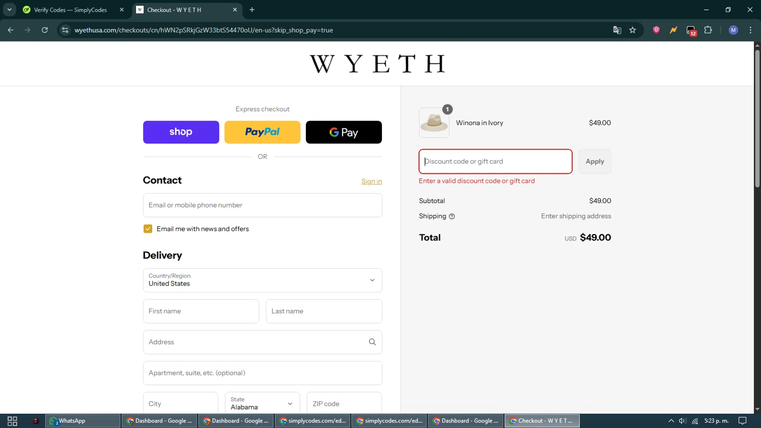 WYETH promo code screenshot showing code DEEDEE15 applied at WYETH checkout page. Uploaded by SimplyCodes community member VoucherCurator824 on Sep 10, 2025