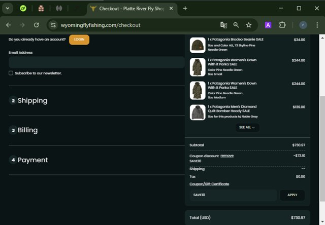 Wyoming Fly Fishing checkout page showing Wyoming Fly Fishing promo code box | Screenshot taken by SimplyCodes community member on Jan 21, 2025