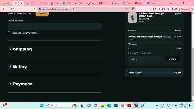 Wyoming Fly Fishing checkout page showing Wyoming Fly Fishing promo code box | Screenshot taken by SimplyCodes community member on Feb 9, 2025