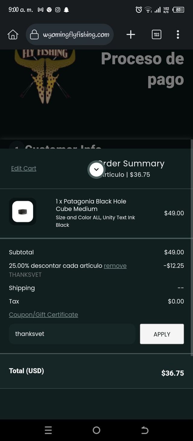 Wyoming Fly Fishing checkout page showing Wyoming Fly Fishing promo code box | Screenshot taken by SimplyCodes community member on Nov 8, 2024