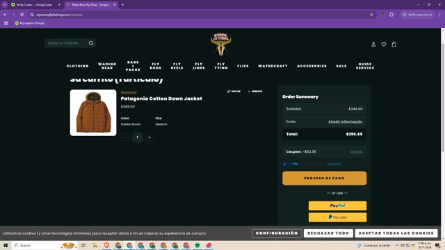 Wyoming Fly Fishing checkout page showing Wyoming Fly Fishing promo code box | Screenshot taken by SimplyCodes community member on Nov 19, 2024