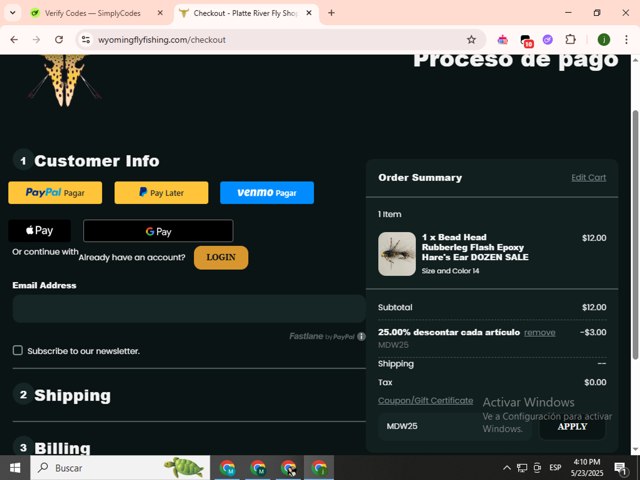 Wyoming Fly Fishing checkout page showing Wyoming Fly Fishing promo code box | Screenshot taken by SimplyCodes community member on May 23, 2025