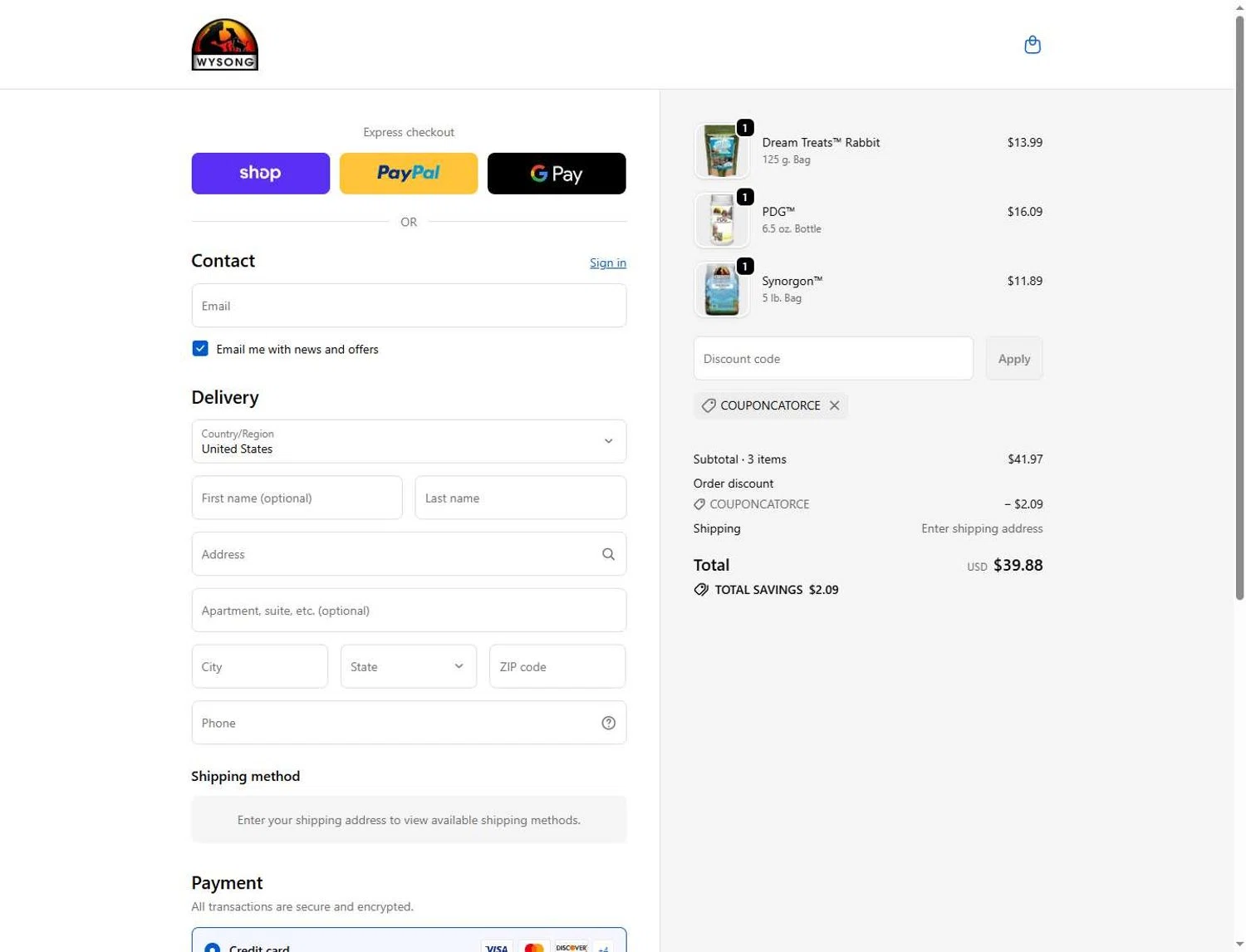 Wysong promo code screenshot showing code COUPONCATORCE applied at Wysong checkout page. Uploaded by SimplyCodes community member Andaspendientedeunovale on Jun 1, 2026