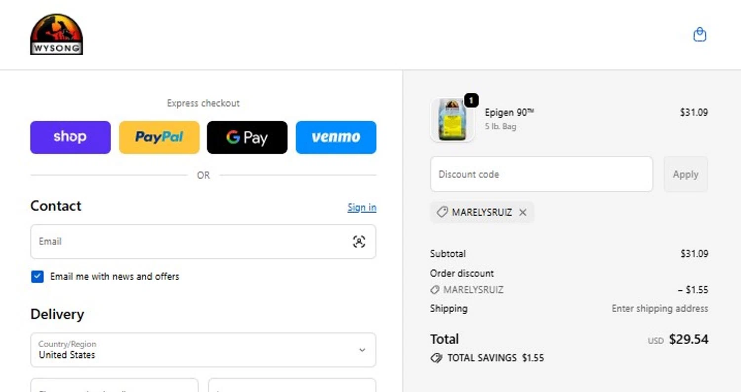 Wysong promo code screenshot showing code MARELYSRUIZ applied at Wysong checkout page. Uploaded by SimplyCodes community member mandrakke on Jun 2, 2026
