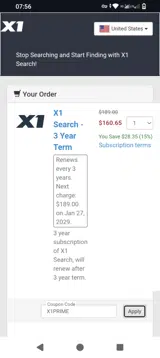 X1PRIME coupon verification screenshot