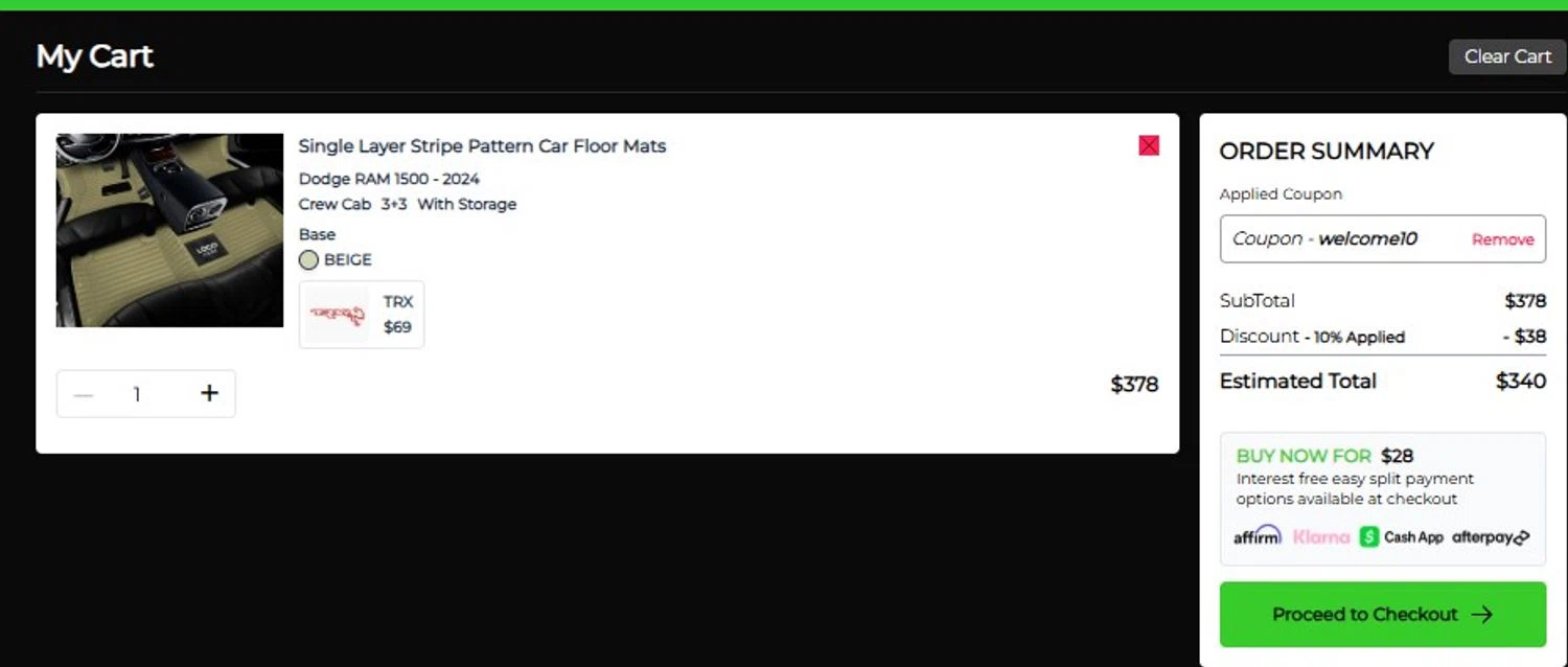 X1Mats checkout page showing X1Mats promo code box | Screenshot taken by SimplyCodes community member on Feb 19, 2026