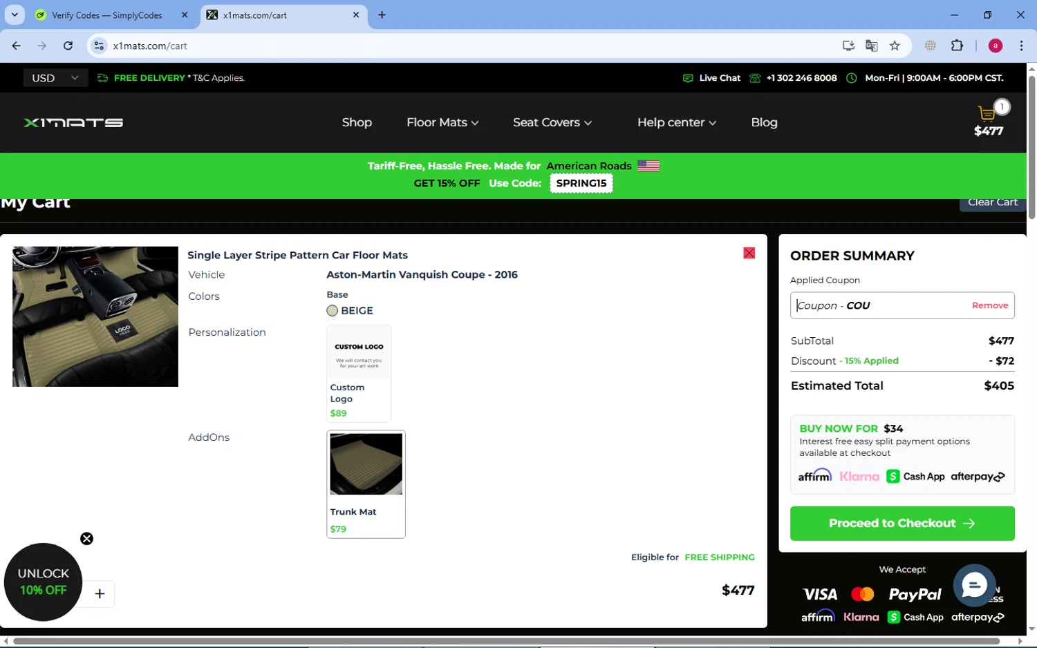 X1Mats promo code screenshot showing code COU applied at X1Mats checkout page. Uploaded by SimplyCodes community member dororotk on Apr 5, 2025