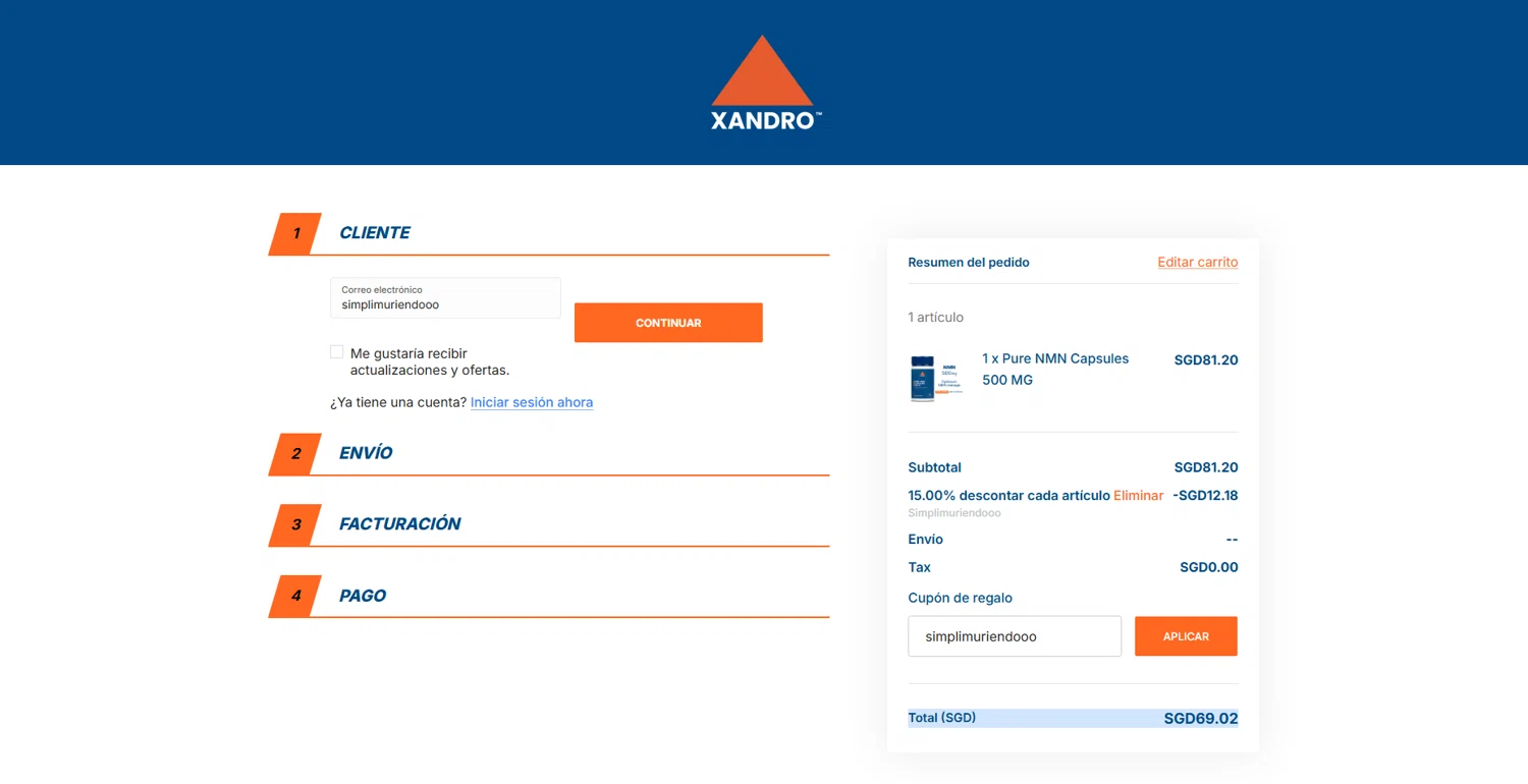Xandro Lab promo code screenshot showing code simplimuriendooo applied at Xandro Lab checkout page. Uploaded by SimplyCodes community member MightyTitan865 on Jul 14, 2025