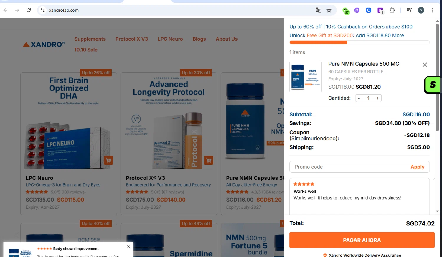 Xandro Lab promo code screenshot showing code simplimuriendooo applied at Xandro Lab checkout page. Uploaded by SimplyCodes community member SavvyCurator5307 on Oct 9, 2025