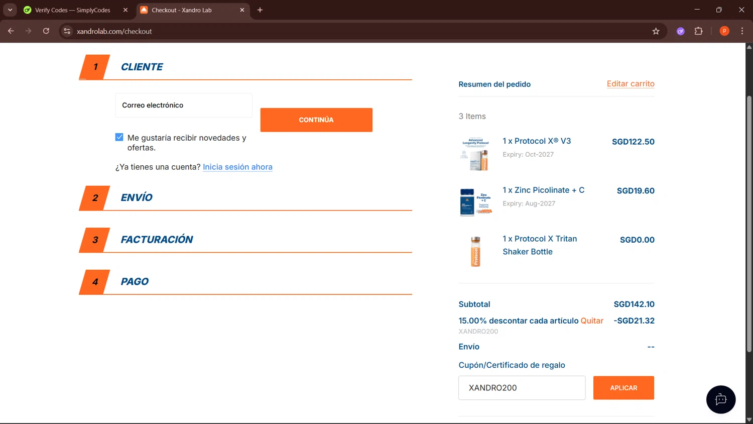 Xandro Lab promo code screenshot showing code XANDRO200 applied at Xandro Lab checkout page. Uploaded by SimplyCodes community member LegendaryPro3698 on Dec 22, 2025