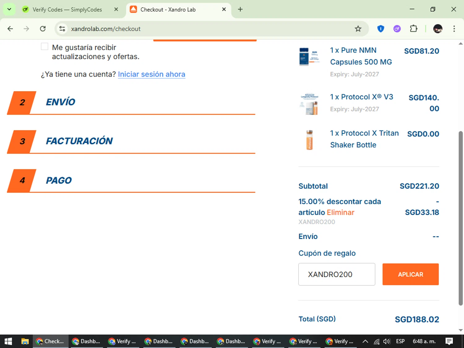 Xandro Lab promo code screenshot showing code XANDRO200 applied at Xandro Lab checkout page. Uploaded by SimplyCodes community member WonderCurator791 on Sep 26, 2025
