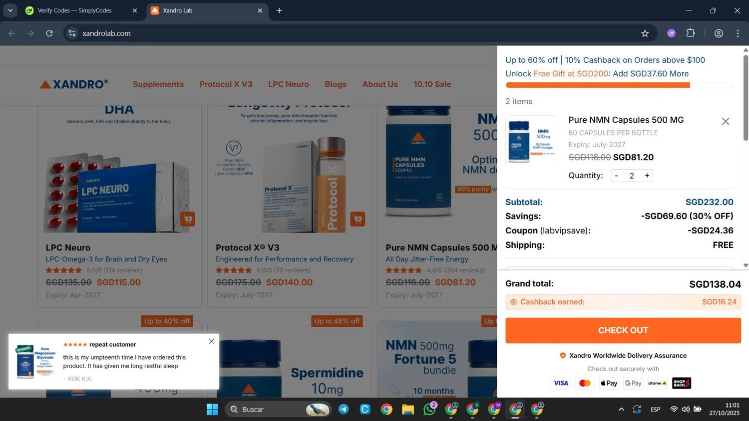 Xandro Lab promo code screenshot showing code labvipsave applied at Xandro Lab checkout page. Uploaded by SimplyCodes community member CleverFalcon6244 on Oct 27, 2025