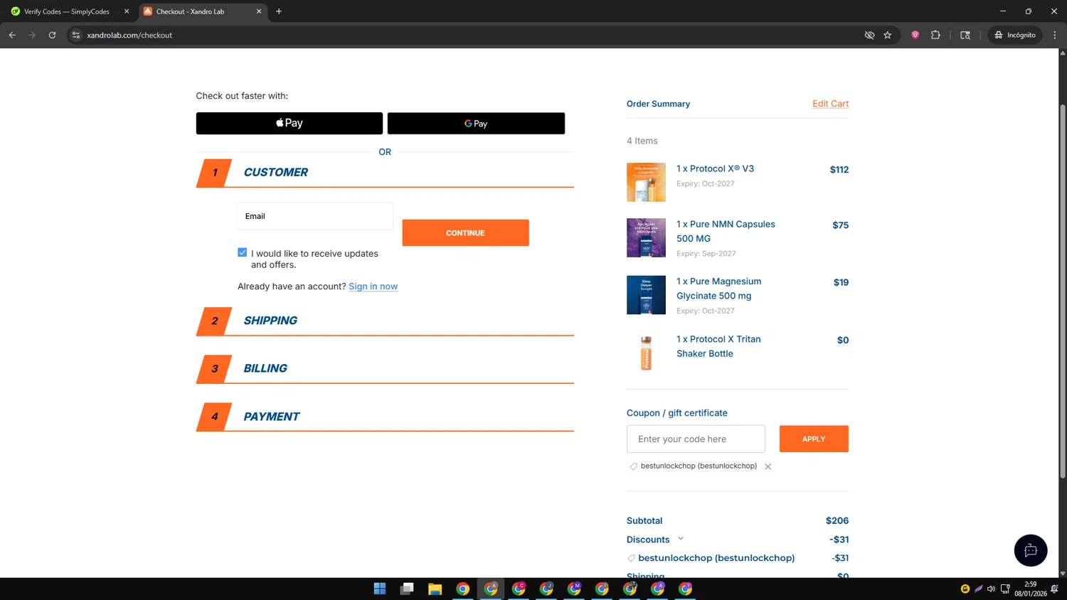 Xandro Lab promo code screenshot showing code bestunlockchop applied at Xandro Lab checkout page. Uploaded by SimplyCodes community member SwiftSage2309 on Jan 8, 2026