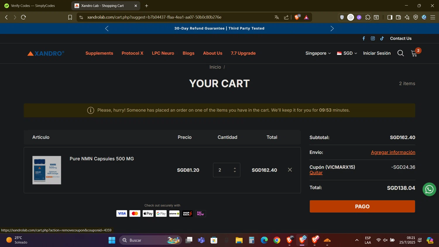 Xandro Lab promo code screenshot showing code VICMARX15 applied at Xandro Lab checkout page. Uploaded by SimplyCodes community member DealAdmiral5466 on Jul 25, 2025