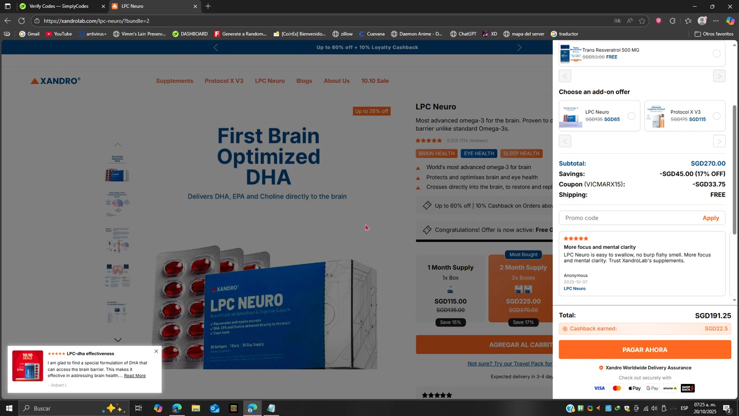 Xandro Lab promo code screenshot showing code VICMARX15 applied at Xandro Lab checkout page. Uploaded by SimplyCodes community member Ricardoanavas on Oct 20, 2025