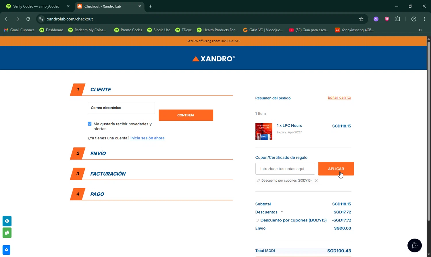 Xandro Lab checkout page showing Xandro Lab promo code box | Screenshot taken by SimplyCodes community member on Jan 10, 2026