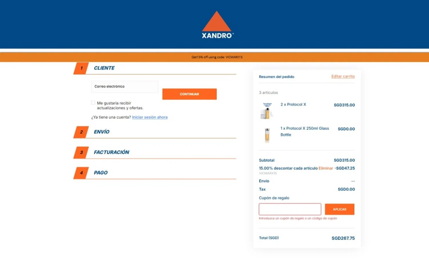 Xandro Lab promo code screenshot showing code VICMARX15 applied at Xandro Lab checkout page. Uploaded by SimplyCodes community member belma123 on Jun 26, 2025