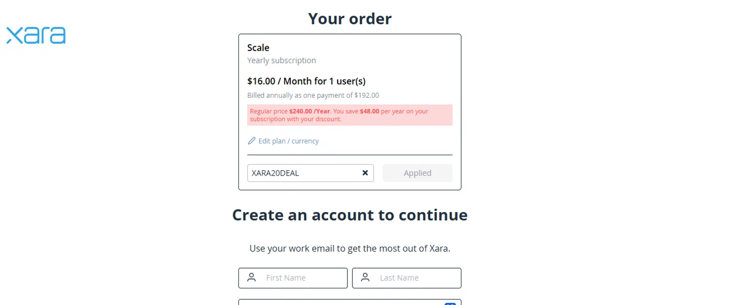 Xara discount code screenshot showing code XARA20DEAL applied at Xara checkout page. Uploaded by SimplyCodes community member FrugalVirtuoso6318 on Jul 30, 2025