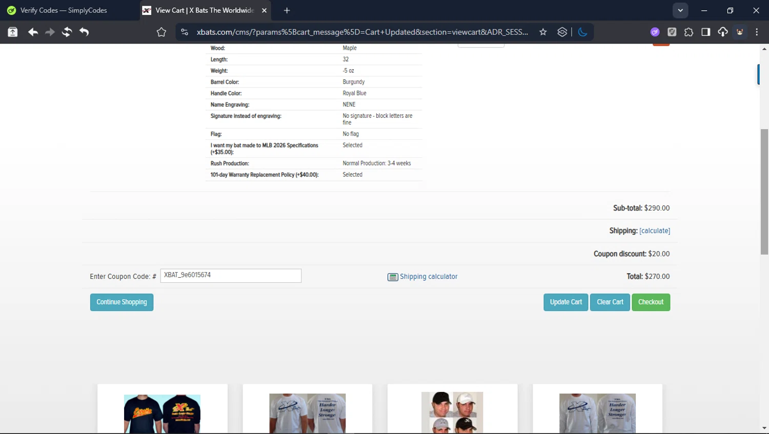 X Bats coupon code screenshot showing code XBAT_9e6015674 applied at X Bats checkout page. Uploaded by SimplyCodes community member Userr2 on Jan 28, 2026