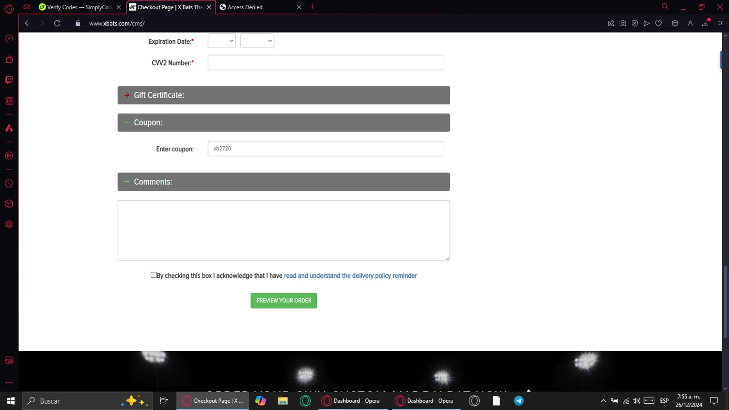 X Bats checkout page showing X Bats coupon code box | Screenshot taken by SimplyCodes community member on Dec 26, 2024