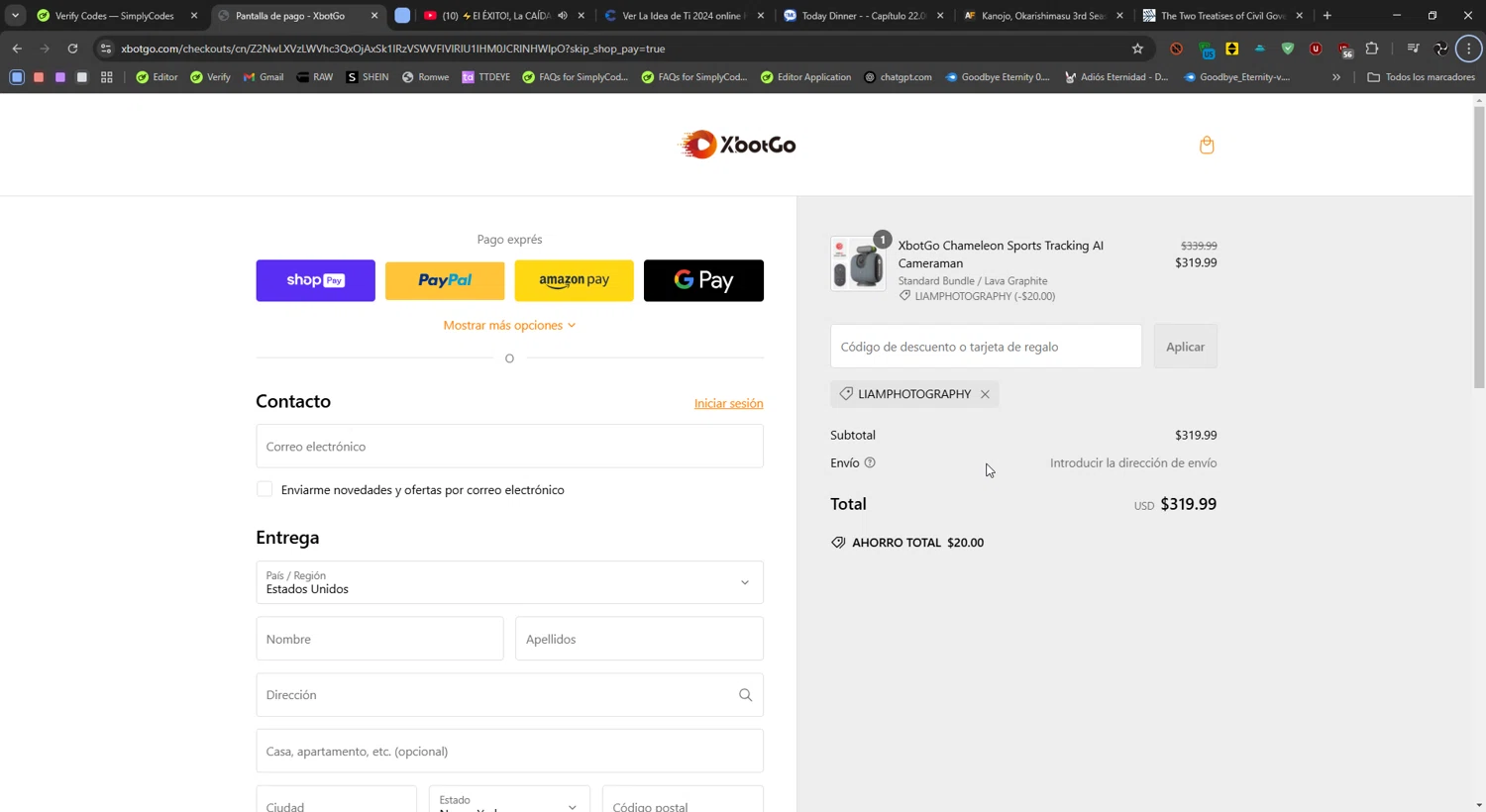 XbotGo discount code screenshot showing code LIAMPHOTOGRAPHY applied at XbotGo checkout page. Uploaded by SimplyCodes community member Ryukyu on Feb 20, 2025