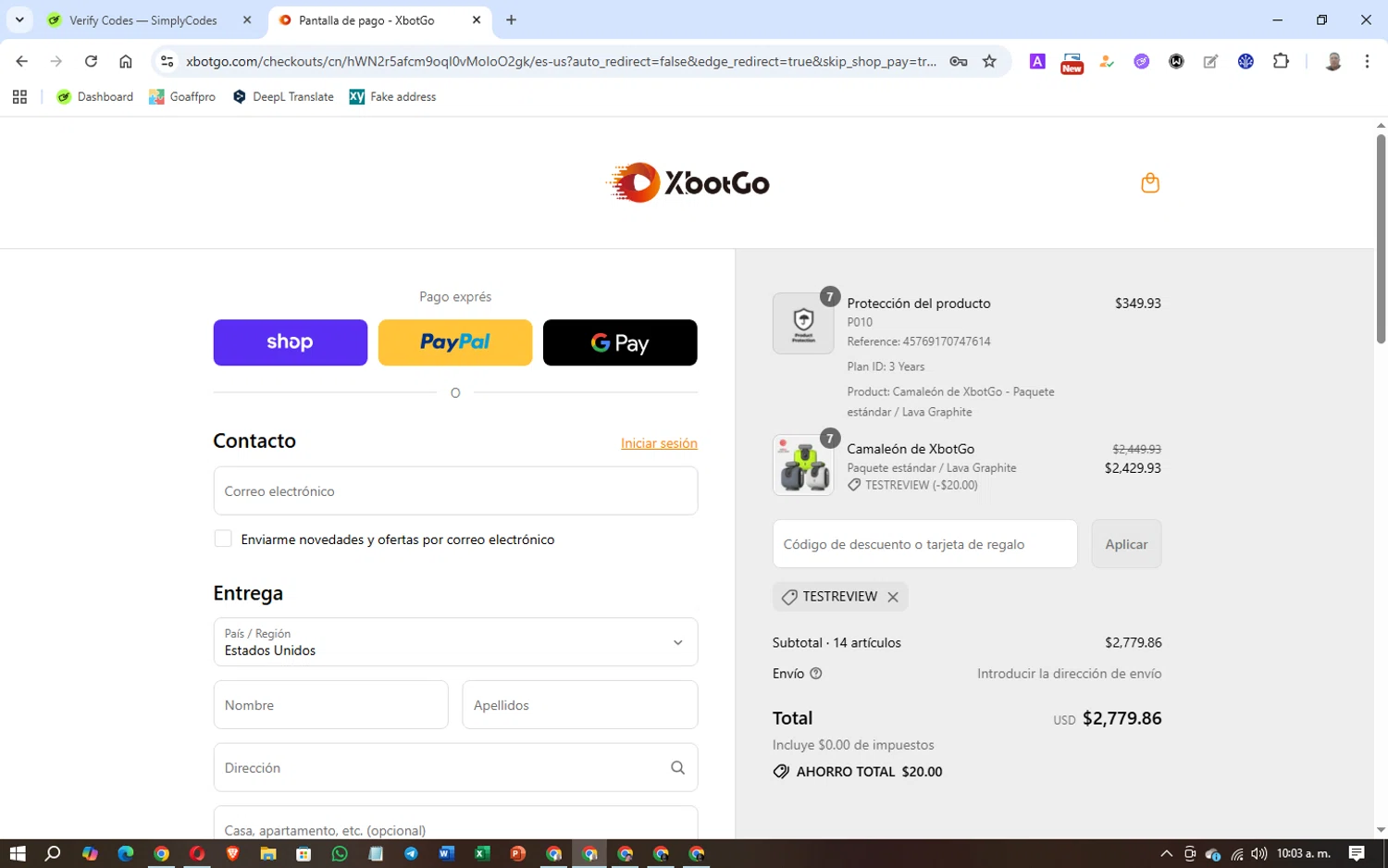 XbotGo discount code screenshot showing code TESTREVIEW applied at XbotGo checkout page. Uploaded by SimplyCodes community member Washington on Sep 11, 2025