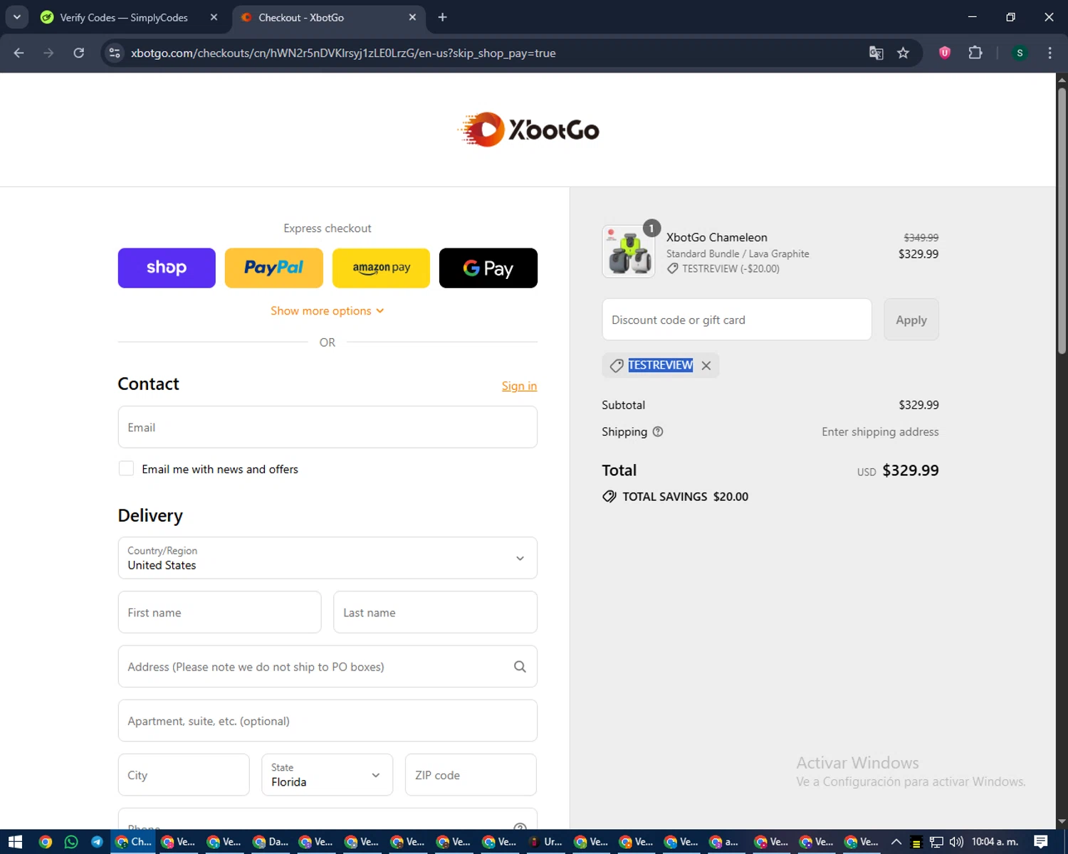 XbotGo discount code screenshot showing code TESTREVIEW applied at XbotGo checkout page. Uploaded by SimplyCodes community member lilMosey on Sep 11, 2025