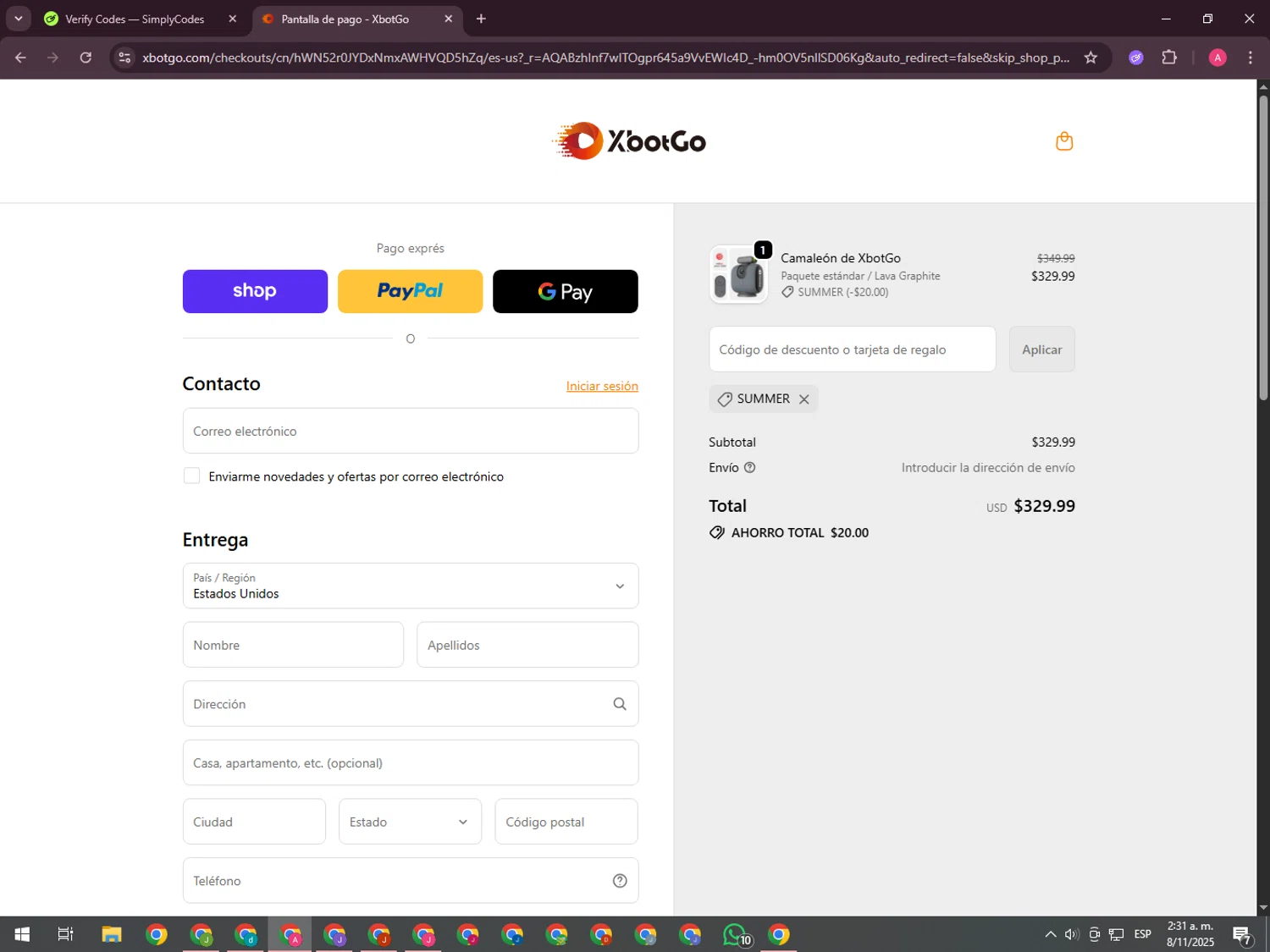 XbotGo discount code screenshot showing code SUMMER applied at XbotGo checkout page. Uploaded by SimplyCodes community member CrownHawk3462 on Nov 8, 2025