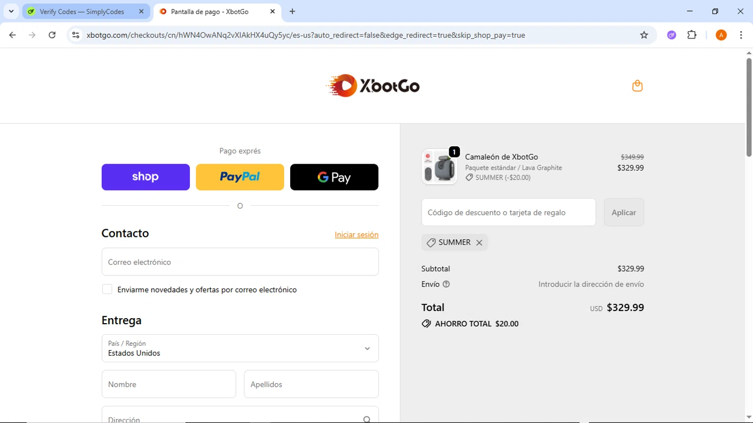 XbotGo discount code screenshot showing code SUMMER applied at XbotGo checkout page. Uploaded by SimplyCodes community member ThriftyMaverick437 on Oct 22, 2025