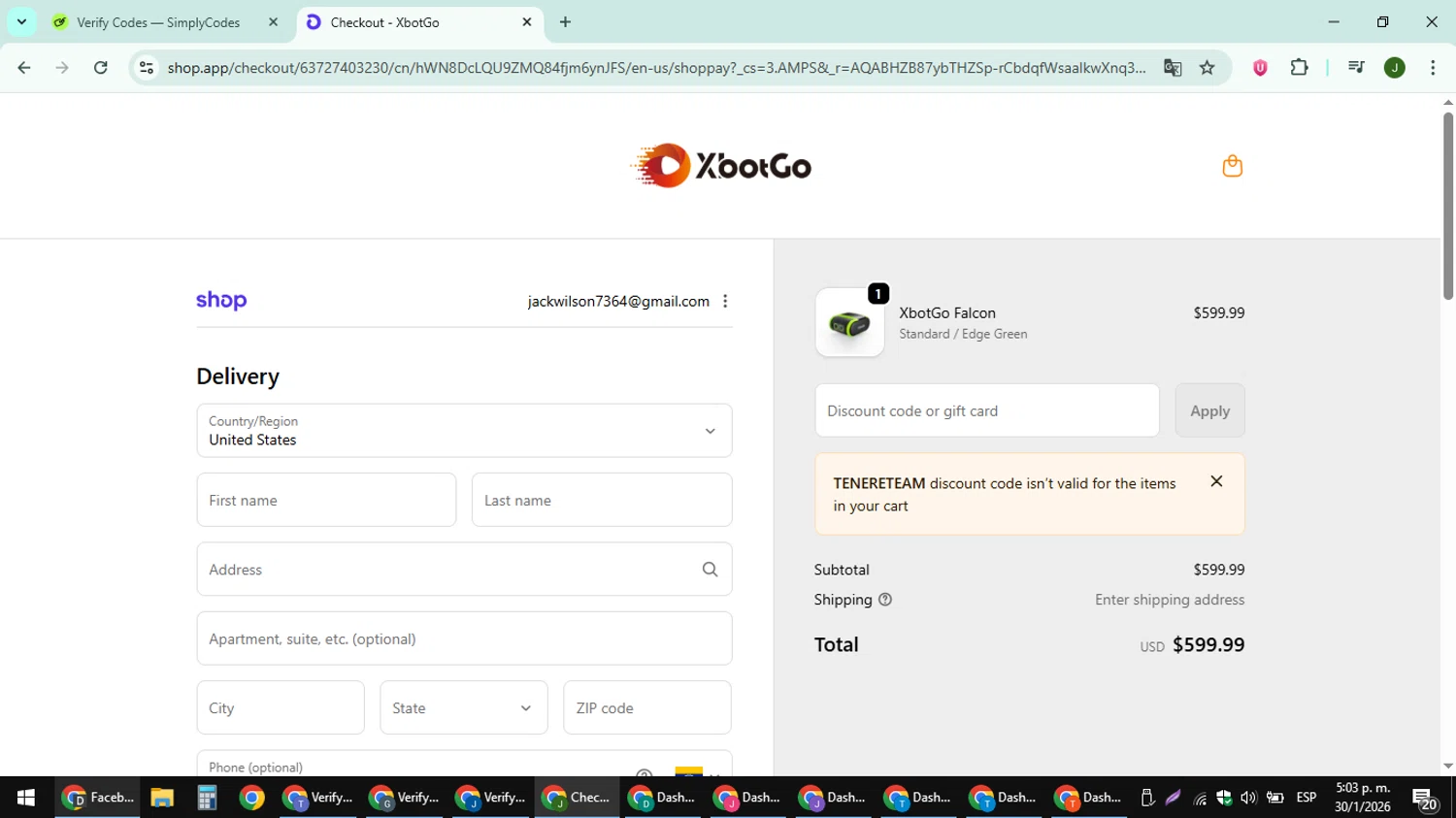 XbotGo promo code screenshot showing code TENERETEAM applied at XbotGo checkout page. Uploaded by SimplyCodes community member ShieldFinder369 on Jan 30, 2026