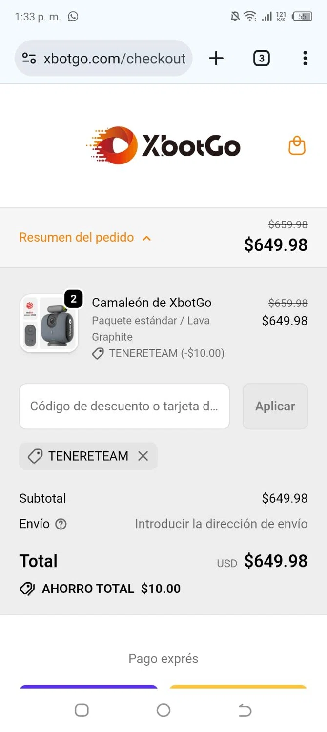 XbotGo discount code screenshot showing code TENERETEAM applied at XbotGo checkout page. Uploaded by SimplyCodes community member yeresojperez on Dec 22, 2025