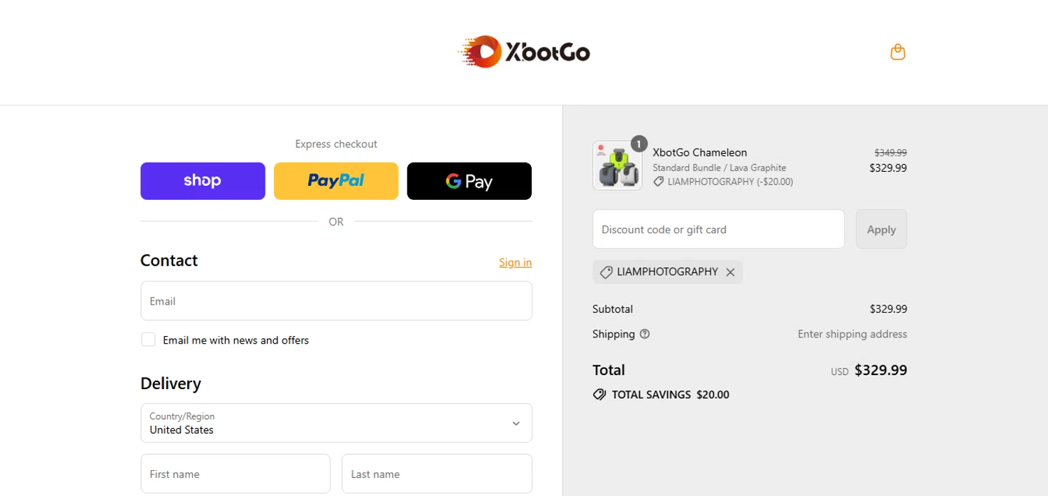 XbotGo discount code screenshot showing code LIAMPHOTOGRAPHY applied at XbotGo checkout page. Uploaded by SimplyCodes community member juanisaac on Sep 11, 2025