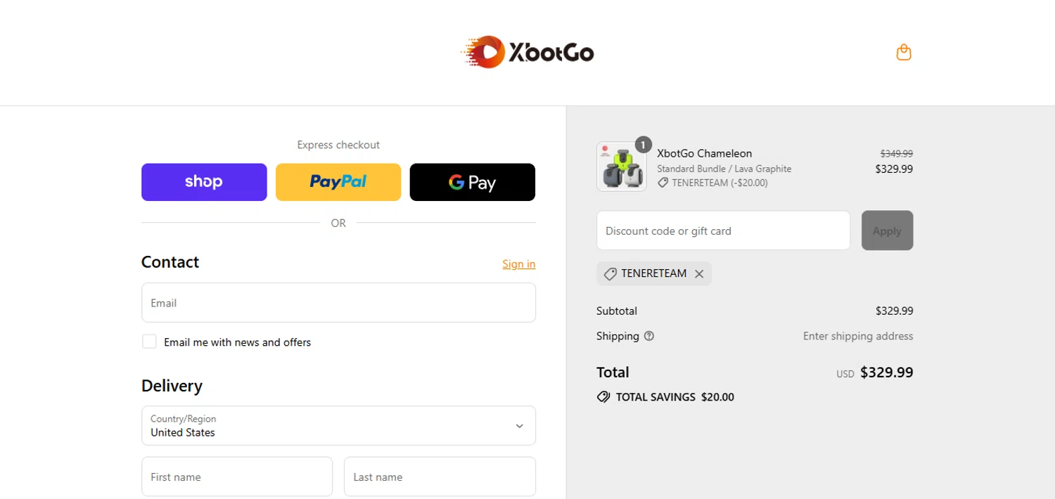 XbotGo discount code screenshot showing code TENERETEAM applied at XbotGo checkout page. Uploaded by SimplyCodes community member juanisaac on Sep 11, 2025
