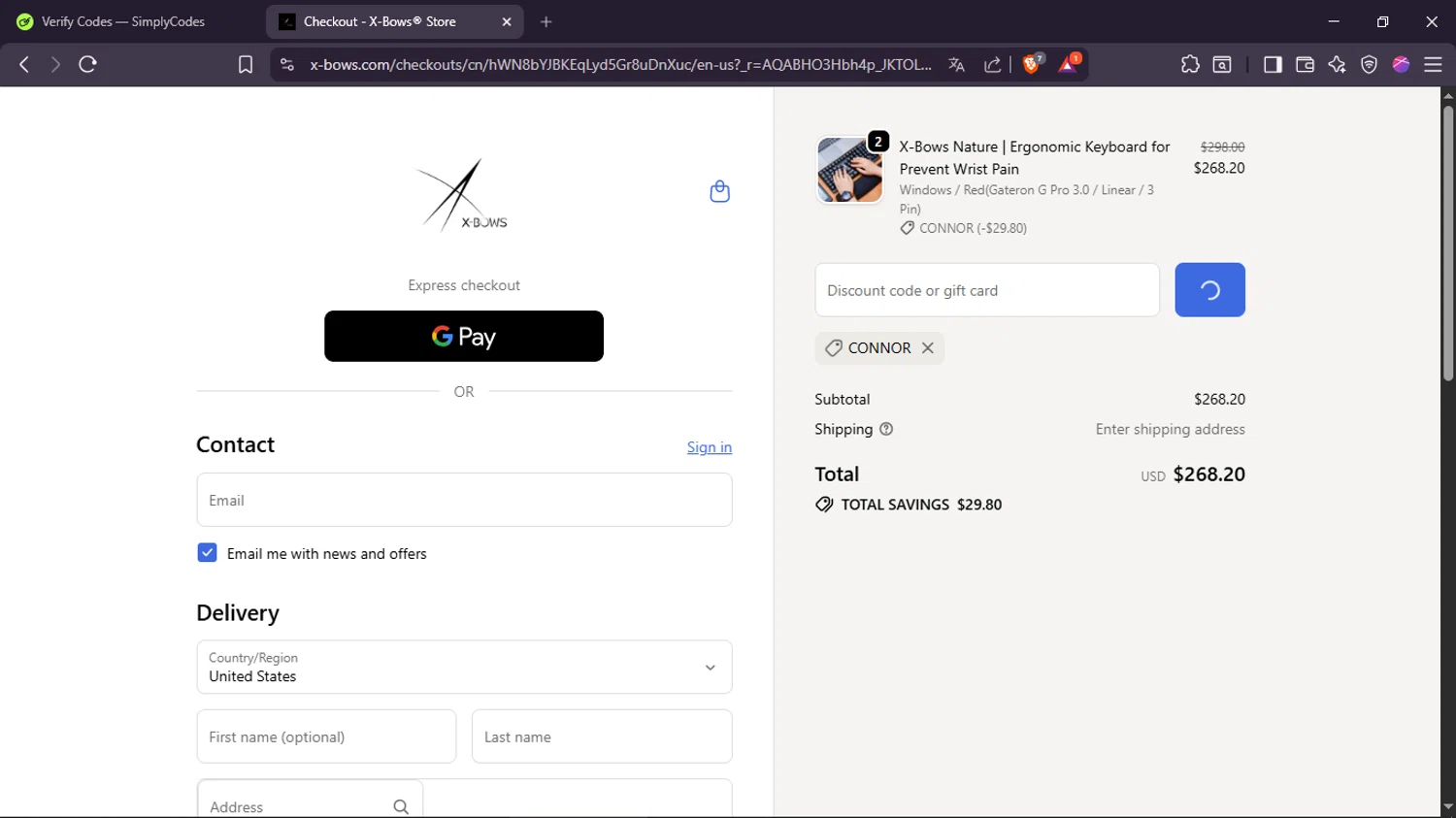 X-Bows promo code screenshot showing code CONNOR applied at X-Bows checkout page. Uploaded by SimplyCodes community member ScanPhoenix3549 on Feb 10, 2026