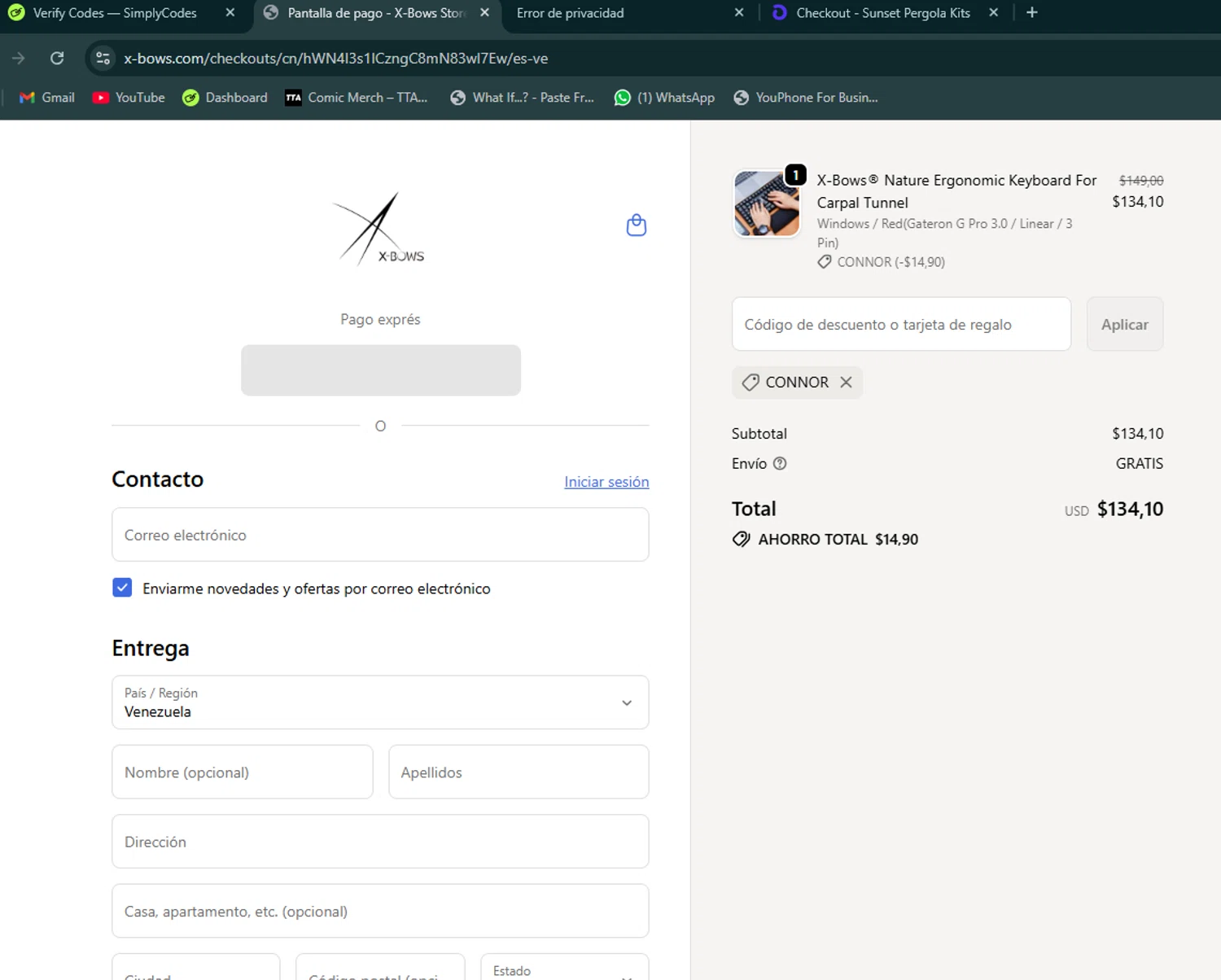 X-Bows promo code screenshot showing code CONNOR applied at X-Bows checkout page. Uploaded by SimplyCodes community member avatar on Oct 19, 2025