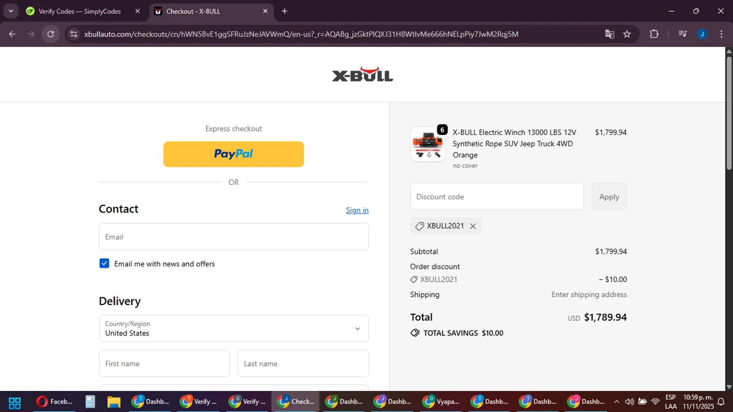 X-Bull promo code screenshot showing code XBULL2021 applied at X-Bull checkout page. Uploaded by SimplyCodes community member noesmith34ur on Nov 12, 2025