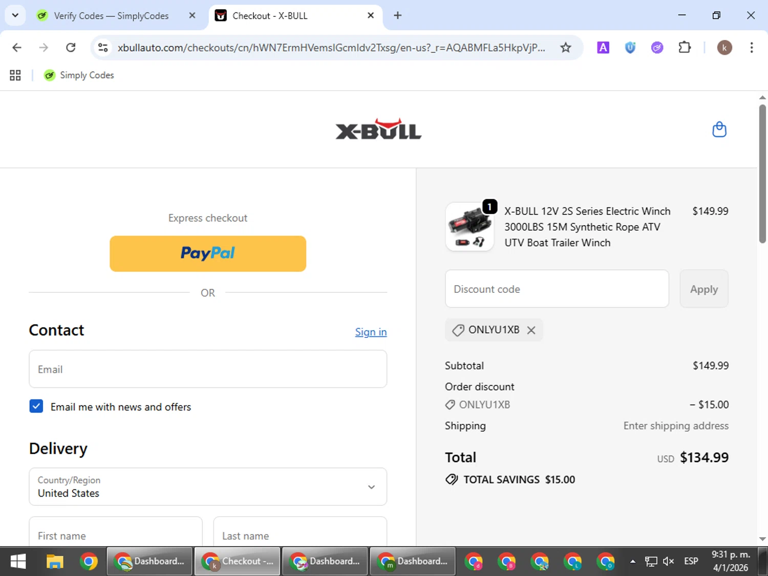 X-Bull promo code screenshot showing code ONLYU1XB applied at X-Bull checkout page. Uploaded by SimplyCodes community member RewardRanger298 on Jan 5, 2026