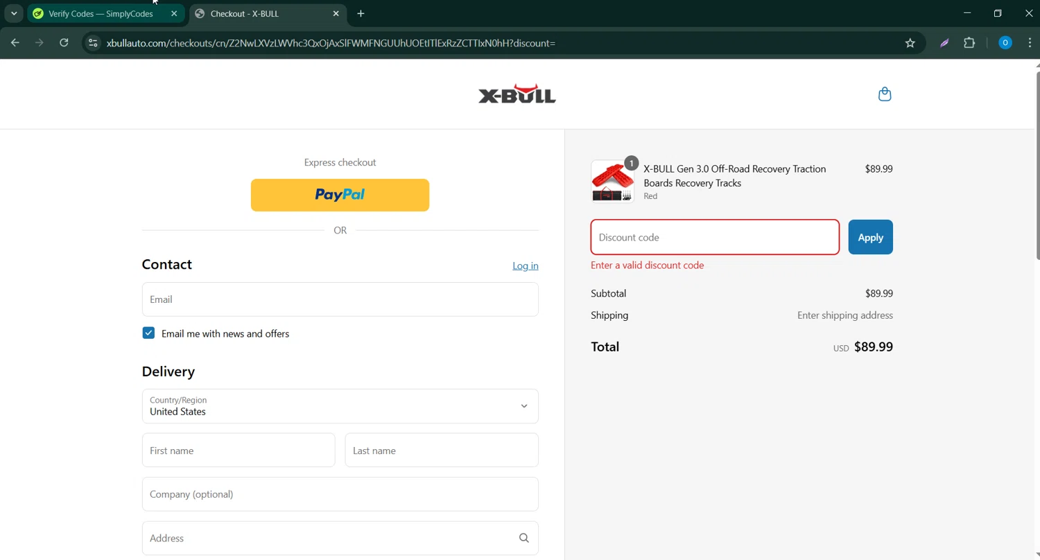 X-Bull promo code screenshot showing code BATEN8RX5JJWM applied at X-Bull checkout page. Uploaded by SimplyCodes community member RoyalSage9159 on Apr 2, 2025